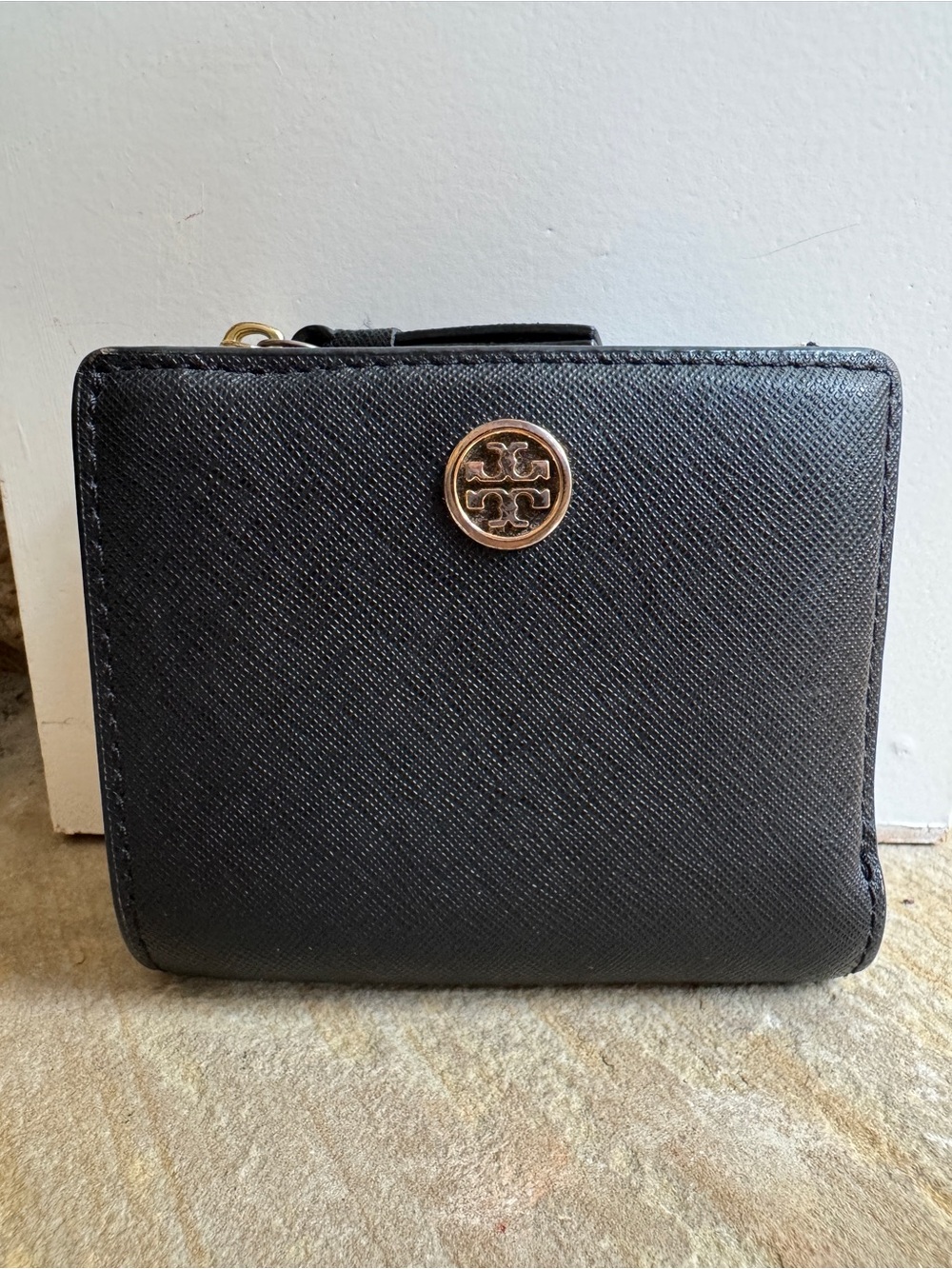 Tory Burch Black Saffiano Mini Bi-Fold Leather Wallet w/ Gold Logo